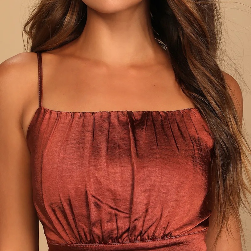Lulu’s Luxe'd Out Brown Satin Cropped Tank Top - Picture 4 of 14